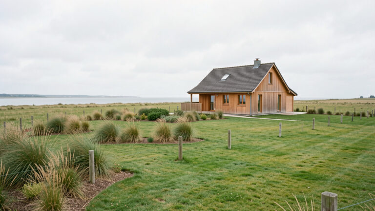 Chalet en bois installé sur un vaste terrain herbeux de la Baie de Somme, dans une ambiance naturelle et lumineuse.