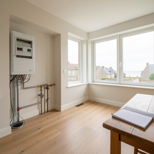Appartement lumineux de Saint-Valery-sur-Somme présenté lors d’une inspection attentive, avec vue sur les installations électriques, la plomberie et l’état général du logement.