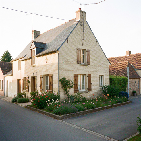 Maison traditionnelle avec jardin fleuri dans une rue calme de Crécy-en-Ponthieu, dans le nord de la France.