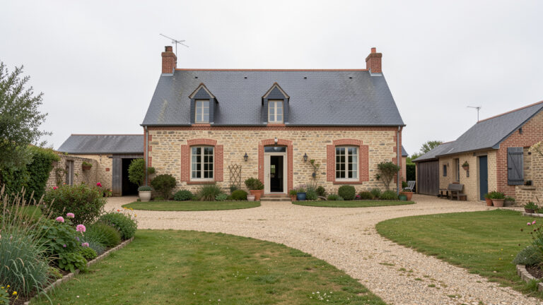 Longère traditionnelle en Baie de Somme avec façade en briques et pierres, jardin, dépendances et éléments suggérant un potentiel de rénovation.