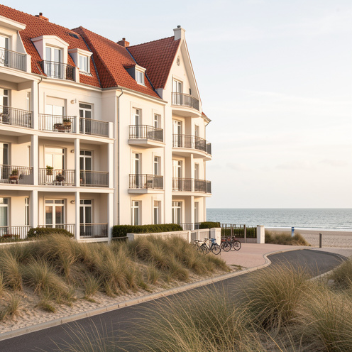 Vue de façades d'immeubles d'appartements à Cayeux-sur-Mer, près de la baie et du front de mer.