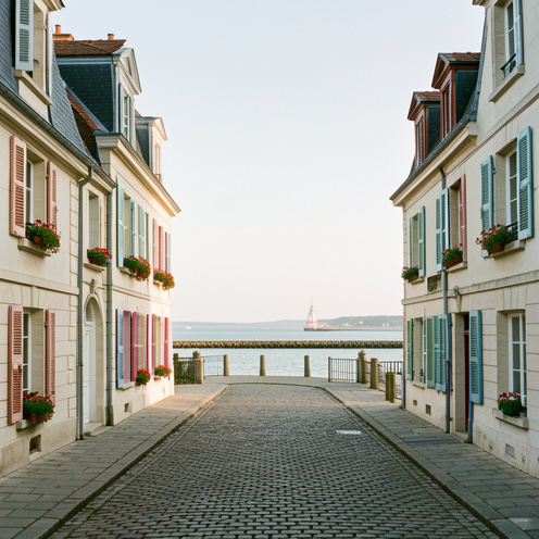 Ensemble d’immeubles d’habitation élégants à Saint-Valery-sur-Somme, au bord de la baie, avec façades en pierre, volets colorés et lumière douce du matin.
