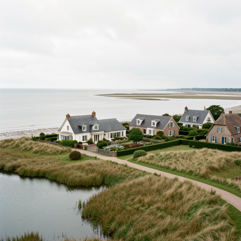 Maisons élégantes et cottages traditionnels face à la baie de Somme, entourés de dunes, de jardins et de paysages marécageux sous une lumière douce.