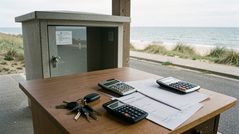 Box de stationnement sécurisé près de la baie de Somme, avec des clés, une calculatrice et des documents financiers vierges sur un bureau.