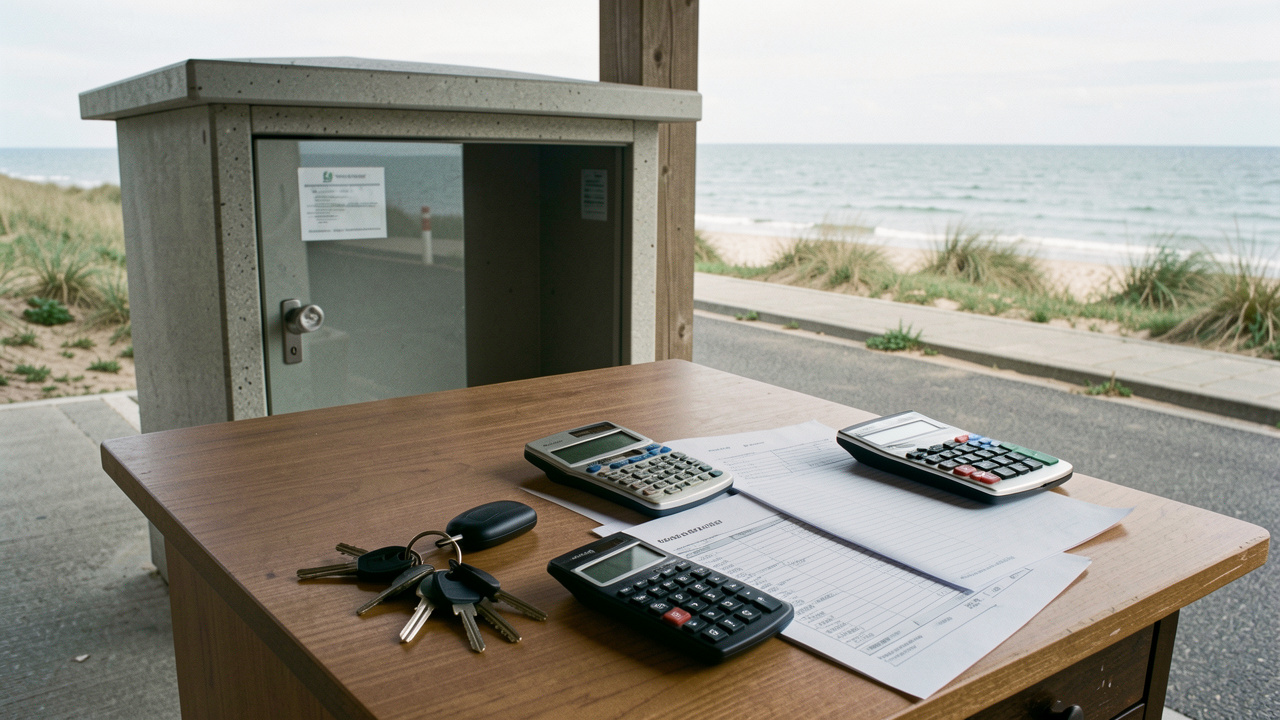 Box de stationnement sécurisé près de la baie de Somme, avec des clés, une calculatrice et des documents financiers vierges sur un bureau.