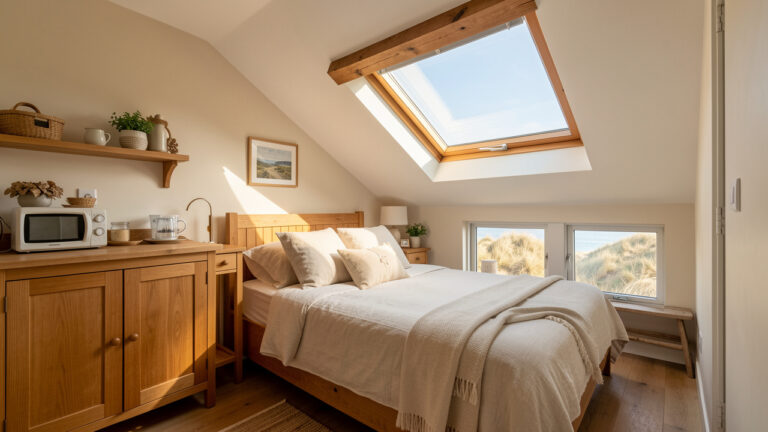 Petite chambre mansardée aménagée en location saisonnière accueillante, avec lit, kitchenette et décoration inspirée de la Baie de Somme.
