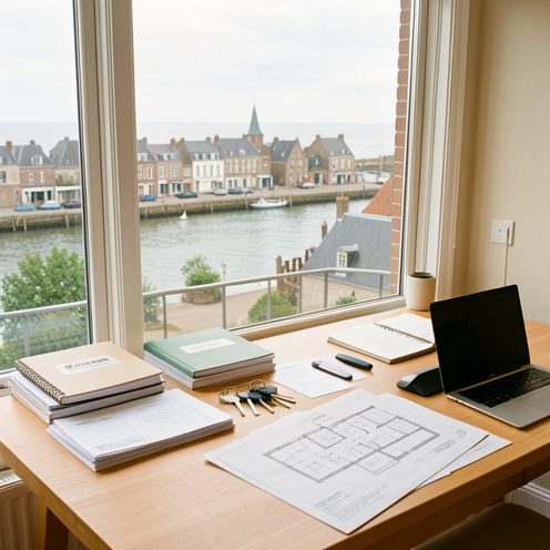 Bureau accueillant d’une agence immobilière avec dossiers, plans, clés et vue sur le port historique de Saint-Valery-sur-Somme.