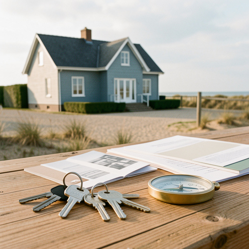 Maison côtière accueillante en Baie de Somme avec des clés, des échantillons architecturaux et une boussole évoquant le choix réfléchi d’une agence immobilière.