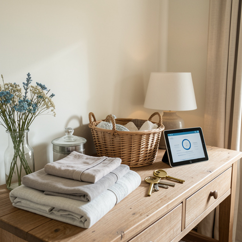 Maison de vacances soigneusement préparée dans la baie de Somme, avec des clés, du linge plié et un panier d’accueil illustrant la gestion déléguée du logement.