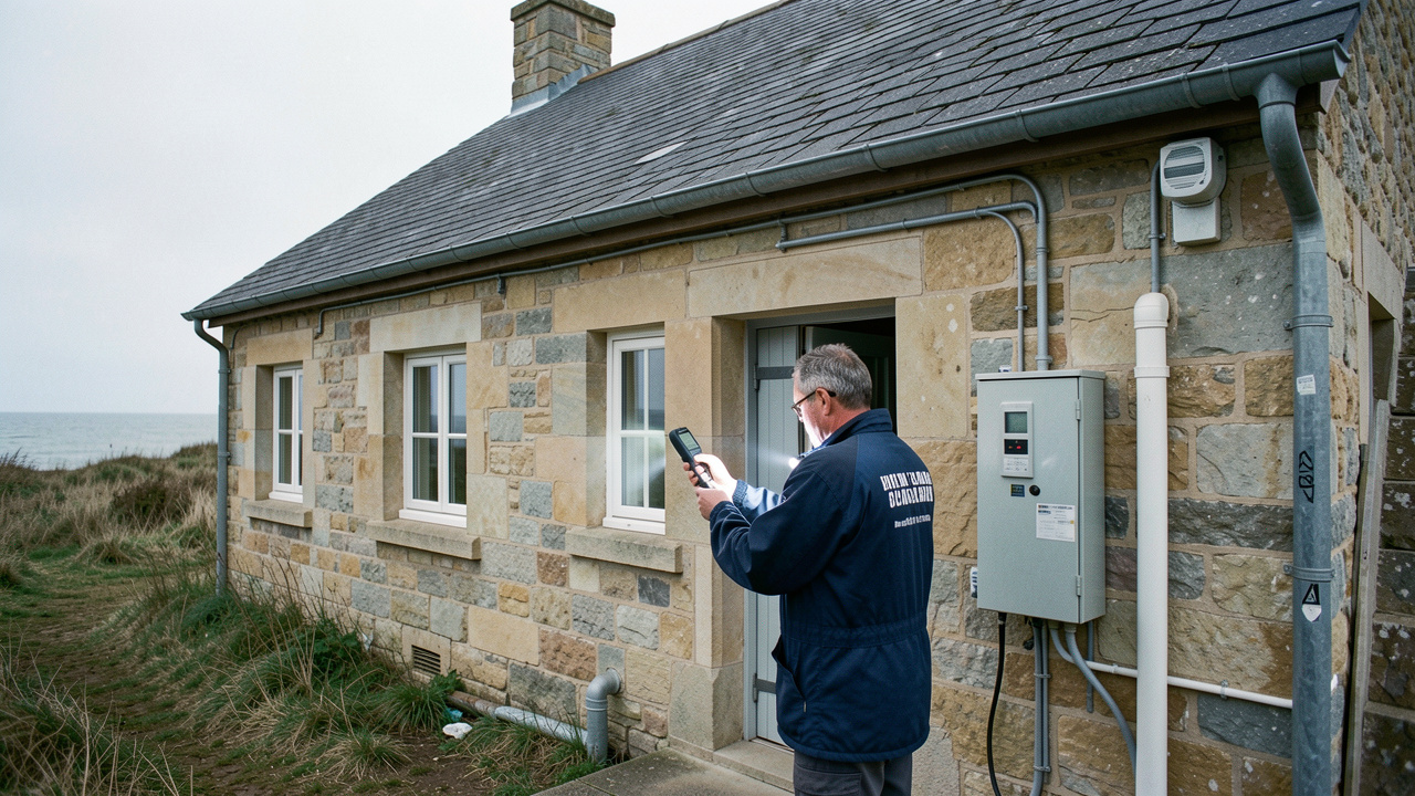 Un inspecteur immobilier examine une maison côtière en pierre dans la Baie de Somme à l’aide d’outils de contrôle.