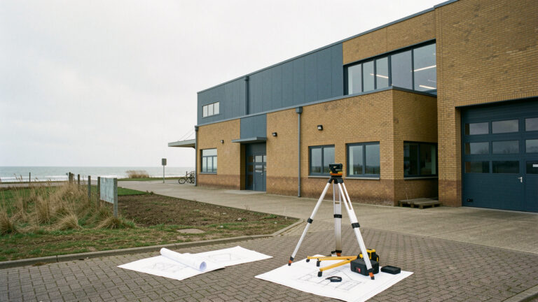 Entrepôt industriel situé près de la baie de Somme, photographié avec du matériel de mesure au premier plan pour évoquer l’estimation de sa valeur.