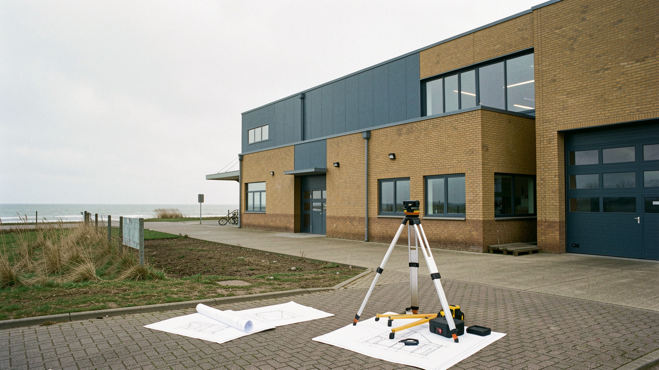 Entrepôt industriel situé près de la baie de Somme, photographié avec du matériel de mesure au premier plan pour évoquer l’estimation de sa valeur.