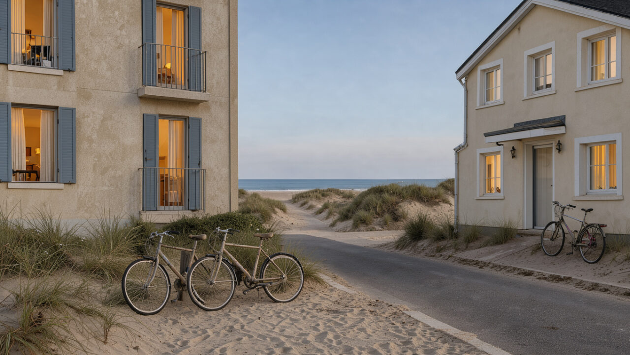 Vue réaliste d’un bien immobilier côtier à Fort-Mahon-Plage, entre rue résidentielle, dunes de sable et plage éclairée par la lumière de fin d’après-midi.