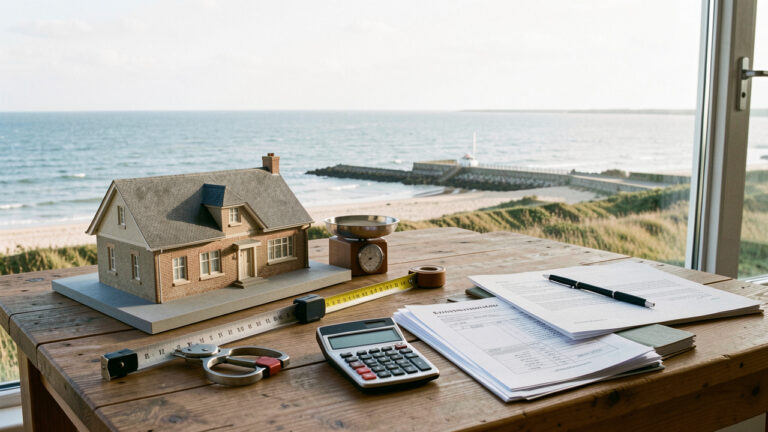 Maison côtière de la Baie de Somme avec maquette architecturale, outils de mesure et balance symbolisant l’évaluation d’un bien et le calcul d’un bouquet équitable.