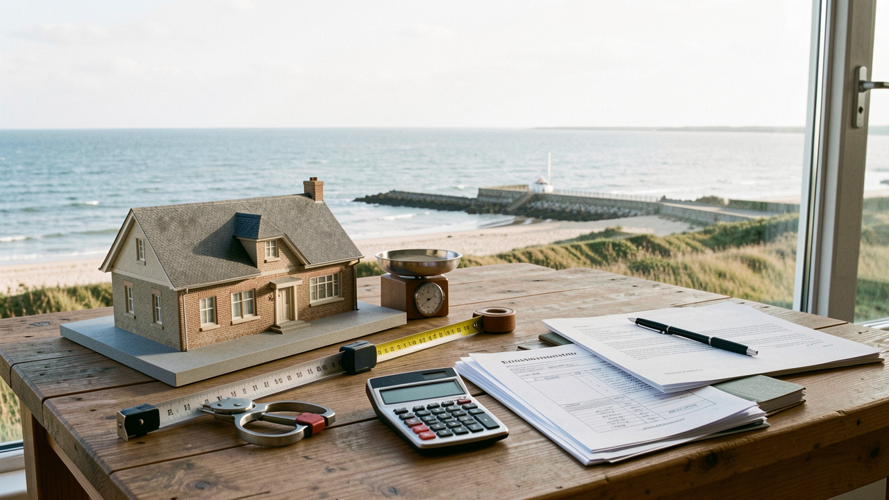 Maison côtière de la Baie de Somme avec maquette architecturale, outils de mesure et balance symbolisant l’évaluation d’un bien et le calcul d’un bouquet équitable.