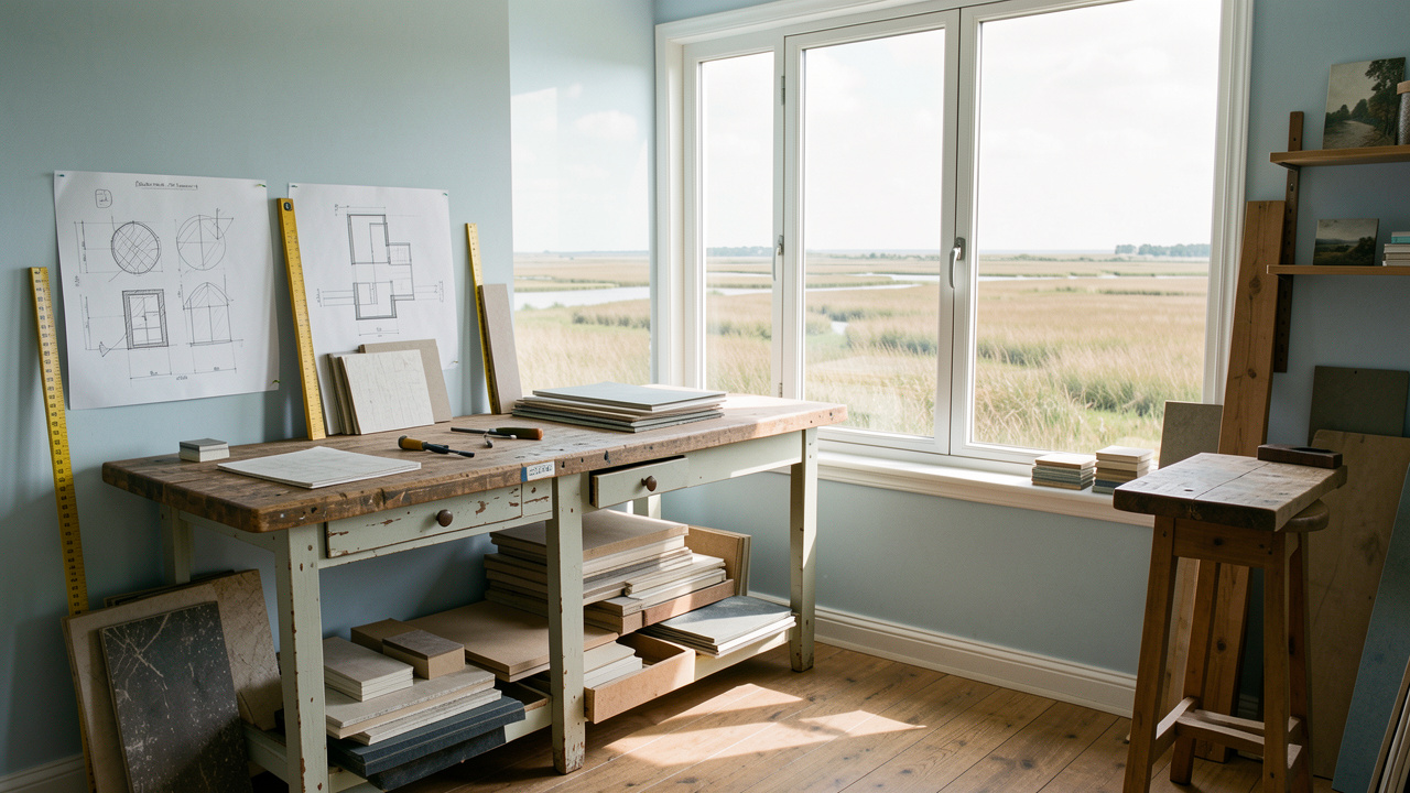 Atelier artisanal lumineux de la Baie de Somme avec établi, outils de mesure, échantillons de matériaux et vue sur les paysages côtiers.