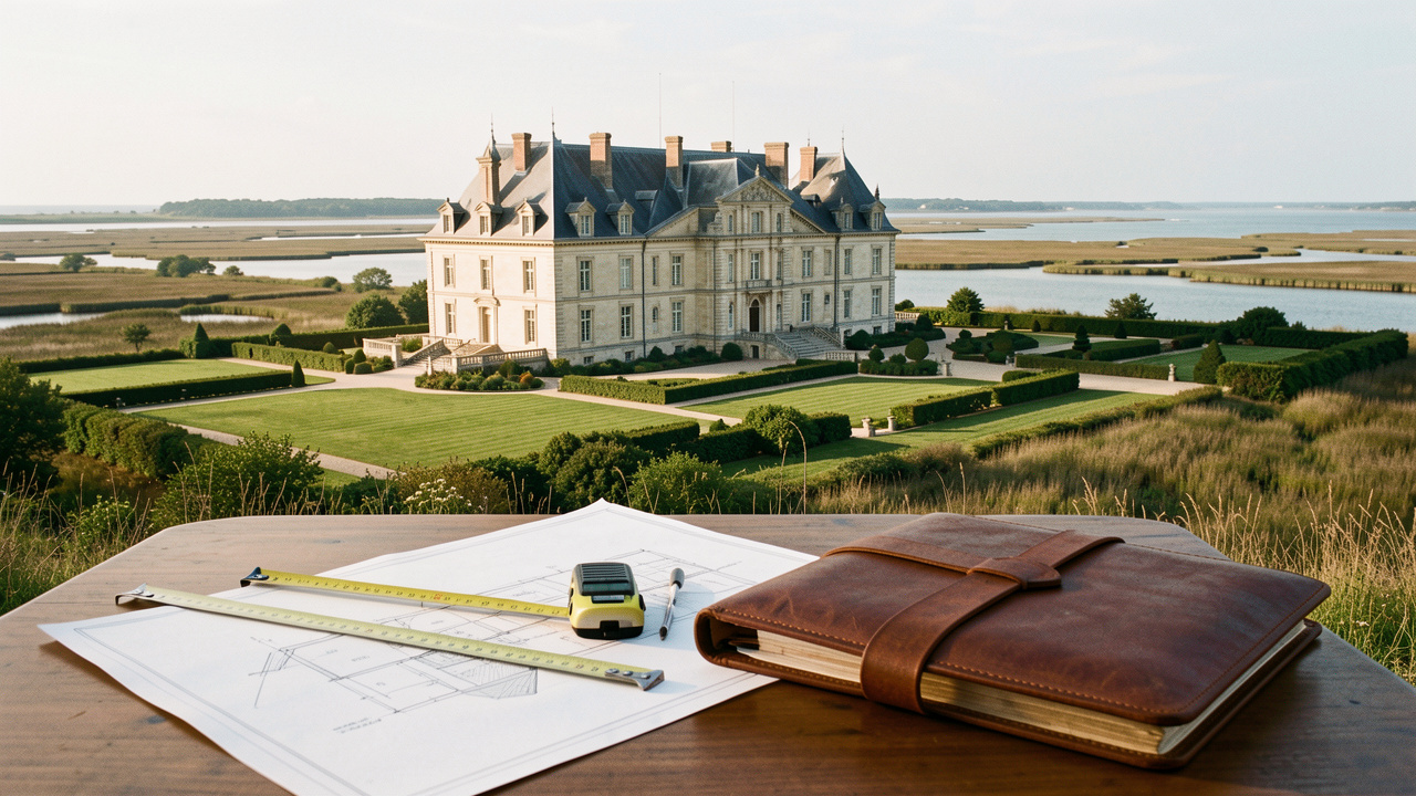 Château historique en pierre dominant la baie de Somme, entouré de jardins et de paysages côtiers, avec des éléments évoquant l’évaluation d’une propriété d’exception.
