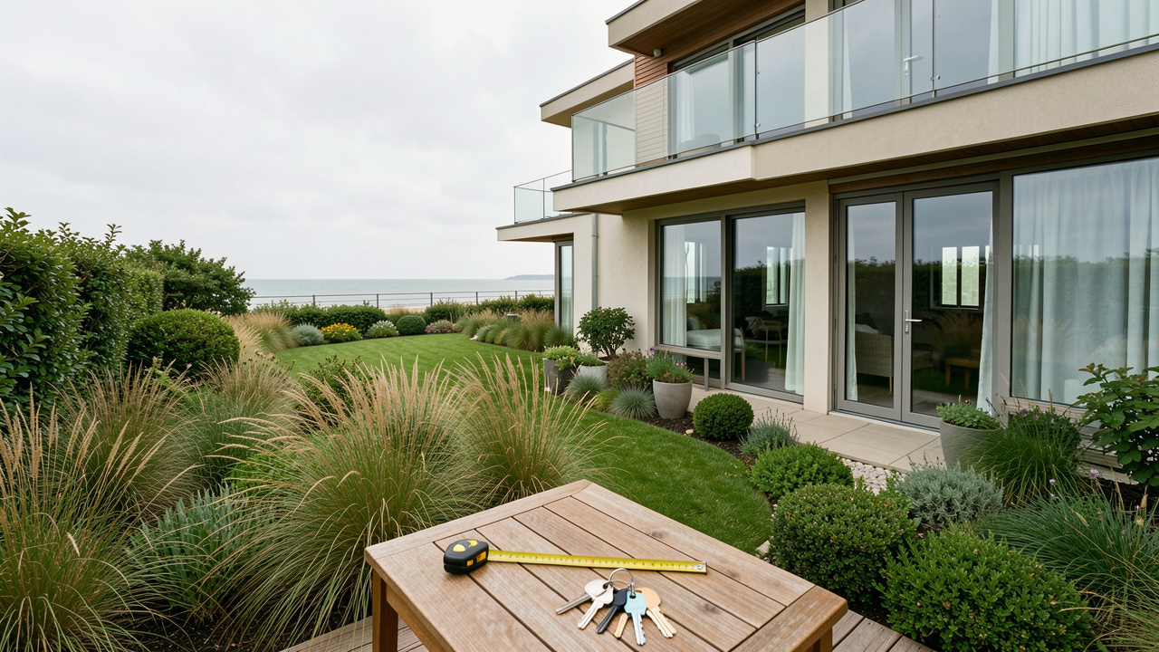 Appartement en rez-de-jardin près de la baie de Somme, avec terrasse privée, jardin paysager et façade contemporaine.