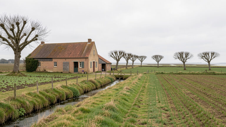 Ferme traditionnelle de la Baie de Somme entourée de champs, de fossés de drainage et de zones humides côtières, illustrant son potentiel et ses contraintes.