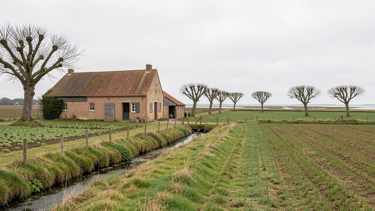 Ferme traditionnelle de la Baie de Somme entourée de champs, de fossés de drainage et de zones humides côtières, illustrant son potentiel et ses contraintes.