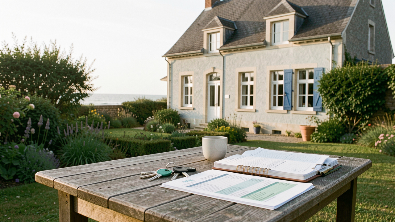 Maison destinée à la location dans la baie de Somme, avec des clés posées sur une table au premier plan.