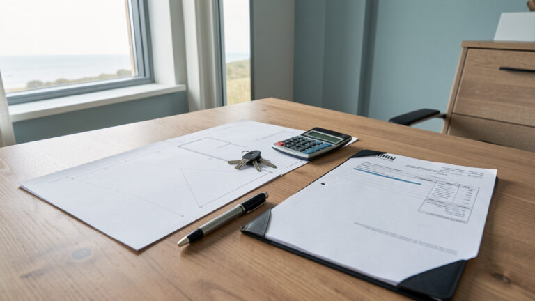 Bureau moderne proche de la baie de Somme, avec des clés, une calculatrice et des documents vierges évoquant l’achat, la location et la revente immobilière.