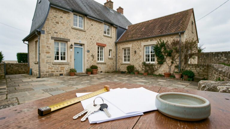 Maison traditionnelle de la Baie de Somme avec des clés, des documents vierges et une coupelle de pièces évoquant les frais liés à un achat immobilier.