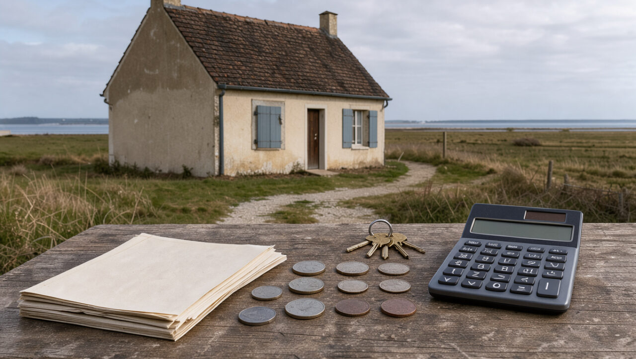 Maison traditionnelle dans la baie de Somme avec calculatrice, clés et pièces illustrant la préparation du budget d’un achat immobilier.