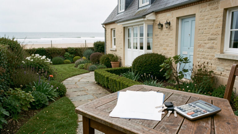 Maison côtière en Baie de Somme avec des clés, un document vierge et une calculatrice évoquant la préparation du budget immobilier.