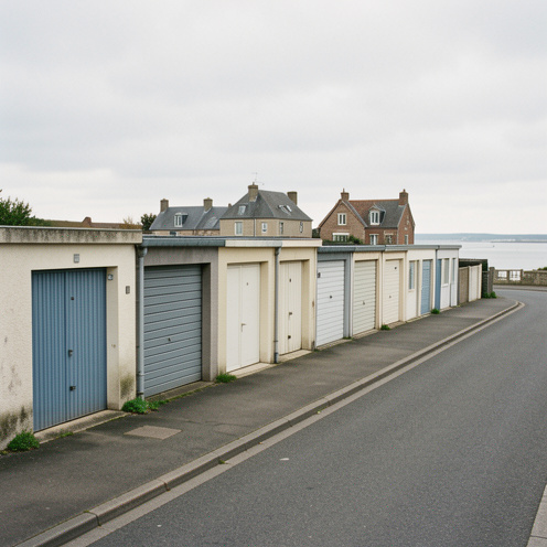Rangée de garages privés bien entretenus dans une rue calme de Saint-Valery-sur-Somme, avec des maisons anciennes et la baie en arrière-plan.