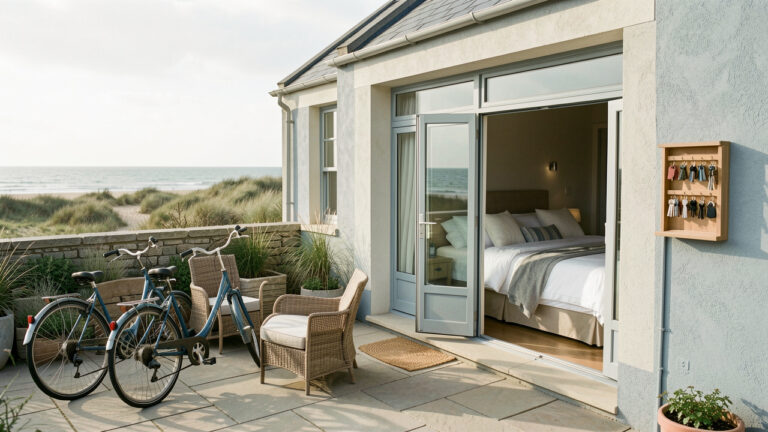 Maison secondaire côtière soigneusement préparée pour la location saisonnière en Baie de Somme, avec terrasse accueillante, vélos et intérieur impeccable.