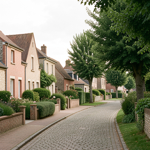Vue d’une rue résidentielle de Crécy-en-Ponthieu avec des maisons traditionnelles, des jardins et un environnement verdoyant.