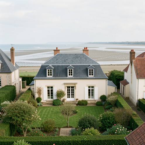 Maison traditionnelle aux façades claires surplombant la baie de Somme, dans un quartier résidentiel historique de Saint-Valery-sur-Somme.