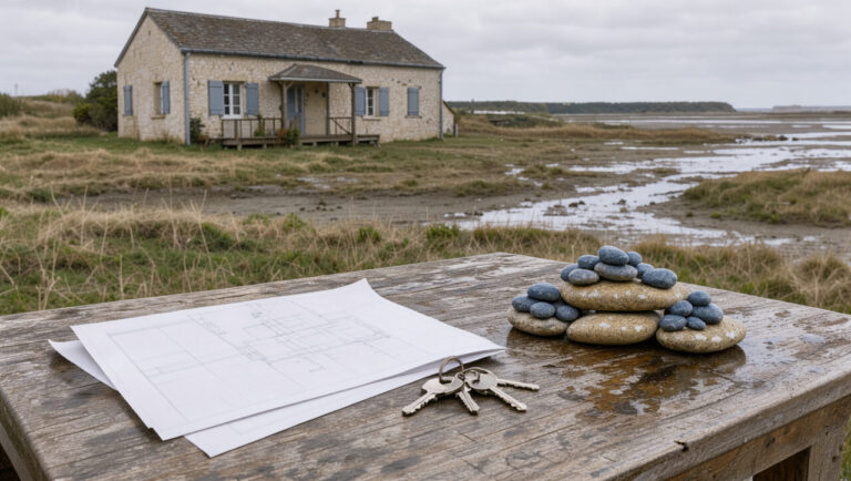 Maison côtière près de la baie de Somme avec plans vierges, clés et pierres équilibrées symbolisant les avantages, les risques et les précautions d’un investissement en indivision.
