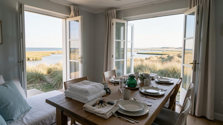 Maison secondaire côtière soigneusement préparée pour la location, avec linge frais, serviettes pliées et clés, donnant sur les dunes et les paysages calmes de la baie de Somme.