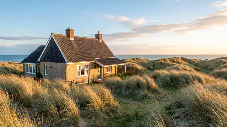 Maison de location saisonnière chaleureuse dans la baie de Somme, entourée de dunes et de végétation côtière aux couleurs des différentes saisons.
