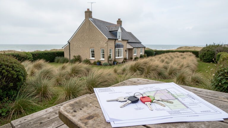 Maison de location saisonnière près de la Baie de Somme, entourée de dunes et de végétation, avec des clés et un plan architectural évoquant les vérifications nécessaires avant un investissement.