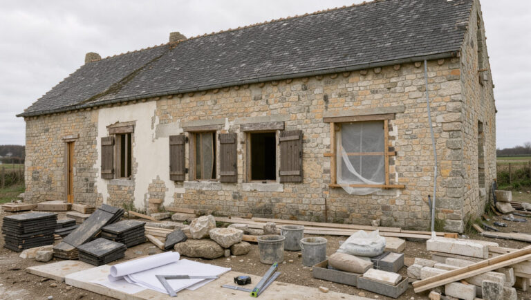 Longère traditionnelle en pierre près de la Baie de Somme, avec une façade partiellement rénovée et du matériel de diagnostic et de travaux disposé au premier plan.