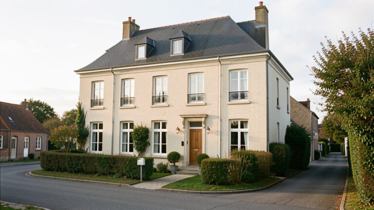 Maison de ville traditionnelle bien entretenue dans un village calme de la Baie de Somme, avec une façade en briques claires, une toiture en ardoise et une végétation côtière.