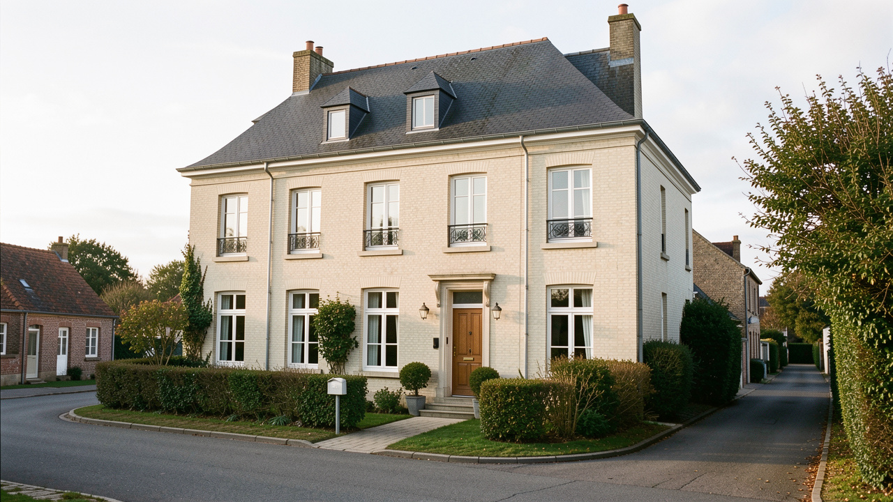Maison de ville traditionnelle bien entretenue dans un village calme de la Baie de Somme, avec une façade en briques claires, une toiture en ardoise et une végétation côtière.