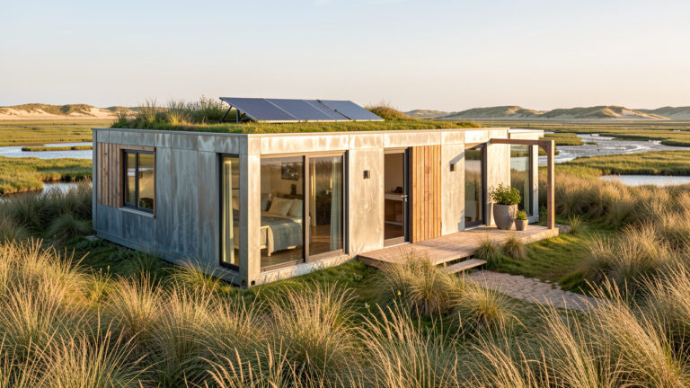 Maison container contemporaine et durable installée dans un paysage naturel de la baie de Somme, avec toit végétalisé, panneaux solaires et grandes fenêtres.