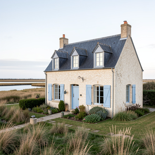 Maison de pêcheur traditionnelle aux volets bleus face aux paysages côtiers de la Baie de Somme.