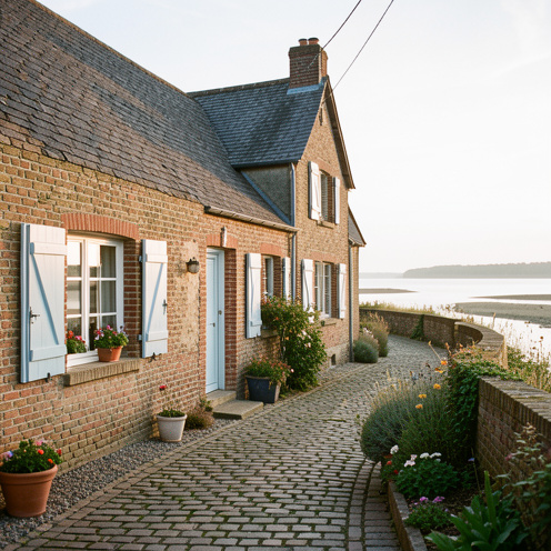 Maison de pêcheur traditionnelle à Saint-Valery-sur-Somme, avec briques anciennes, volets bleu pâle et jardin fleuri près de la baie de Somme.