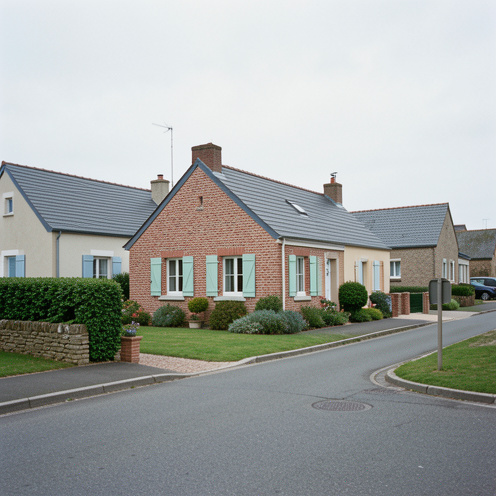 Rangée de maisons côtières charmantes dans une rue calme de Cayeux-sur-Mer, avec jardins soignés et aperçu de la mer.