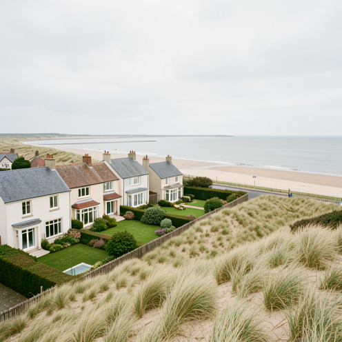 Maisons côtières aux façades claires et toits en ardoise, bordant la baie de Somme face aux dunes, à la plage et aux eaux calmes.
