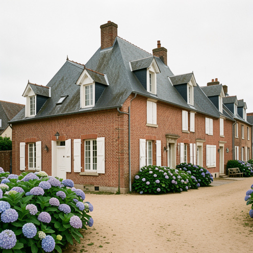 Rangée de maisons traditionnelles de la Baie de Somme avec façades en briques rouges, volets blancs et toits en ardoise.