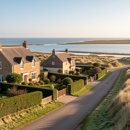 Maisons côtières charmantes le long de la baie de Somme, entourées de jardins, de dunes et de marais sous une lumière douce.