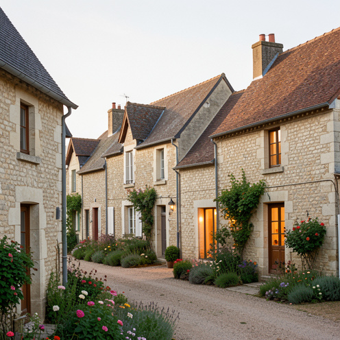 Rangée de maisons traditionnelles en pierre dans un village calme près de Crécy-en-Ponthieu, avec jardins fleuris et façades rénovées.