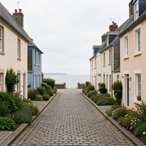 Maisons anciennes aux façades pastel et aux toits d’ardoise dans une rue pavée de Saint-Valery-sur-Somme, avec la baie en arrière-plan.