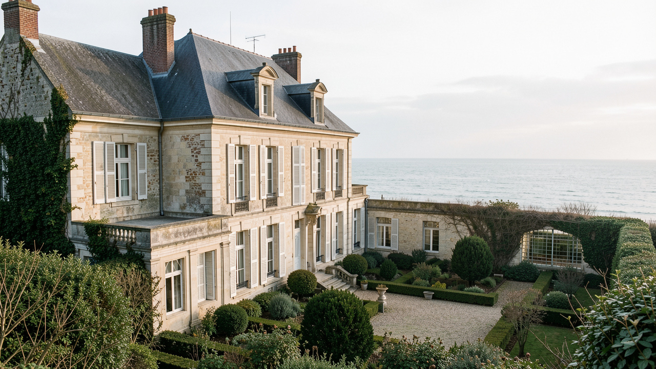 Manoir historique en pierre près de la baie de Somme, entouré de jardins et d’une aile en cours de restauration.